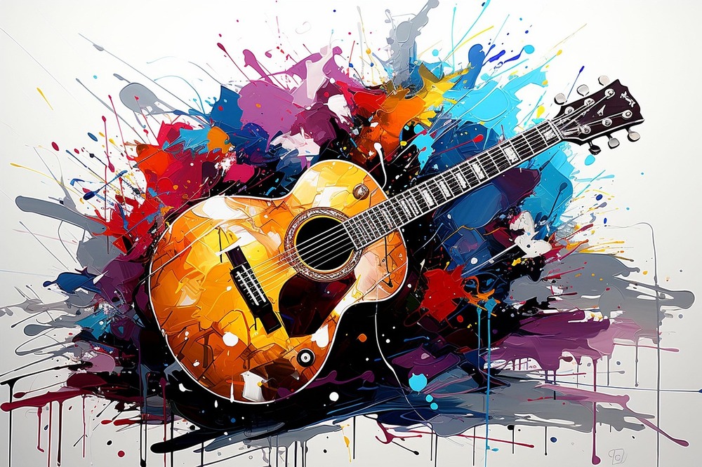 En akustisk gitarr omgiven av färgglada färgstänk på en vit bakgrund.