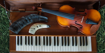 Ett piano med en fiol och två hornformade blåsinstrument ovanpå, fotograferat utomhus på gräs.