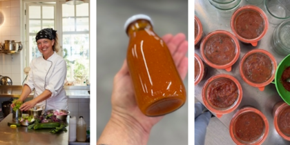 Tre bilder: en kock förbereder grönsaker, en hand håller en flaska sås, och flera burkar med tomatsås på ett bord.