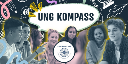 Ungdomar sitter i grupp med pratbubbla där det står 'UNG KOMPASS', tecknade skolmotiv i bakgrunden.