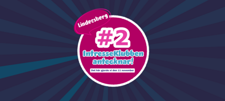 Grafisk bild med texten 'Lindesberg #2 IntresseKlubben antecknar! Det här gjorde vi den 11 november' på blå bakgrund.