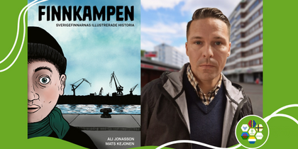 Omslag till boken 'Finnkampen' och ett porträtt av en man utomhus med stadsmiljö i bakgrunden.