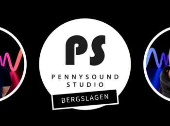 Logotyp för Pennysound Studio Bergslagen med två personer och ljudvågor i bakgrunden.