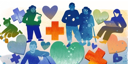 Illustration av människor, hjärtan, kors och händer som symboliserar omsorg och gemenskap.