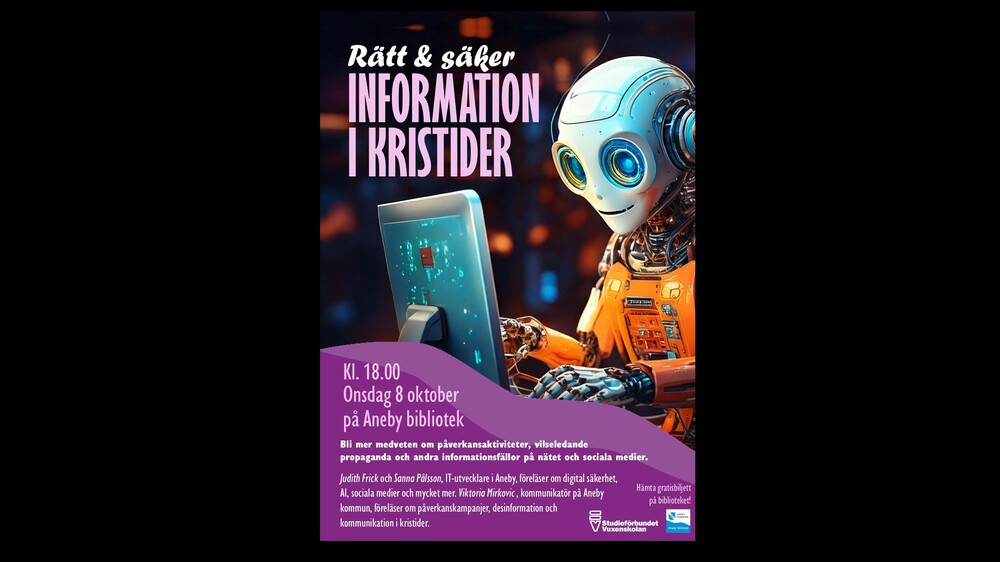 Affisch med en tecknad robot vid en dator, text om informationssäkerhet på Aneby bibliotek.