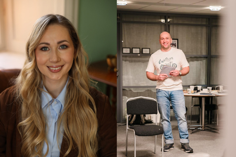 Två personer, en sittande kvinna med långt blont hår och en stående man med surfplatta i ett kontorsrum. Ansikten är suddade.