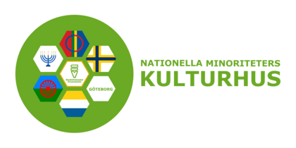 Logotyp för Nationella minoriteters kulturhus med hexagoner och symboler för olika minoriteter.