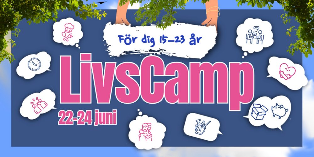 Affisch för LivsCamp 22-24 juni, riktad till unga 15-23 år, med pratbubblor och illustrationer mot blå bakgrund.