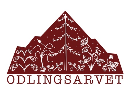 Logotyp med stiliserade växter och bergsform i röd färg, texten 'ODLINGSARVET' under.