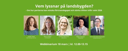 Affisch för webbinarium om landsbygdens förtroende inför valet 2026, med fem deltagare och grön bakgrund.