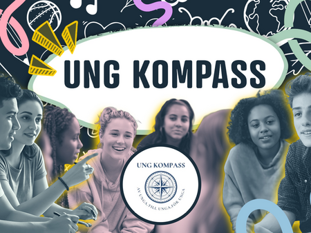 Ungdomar sitter i grupp med texten 'UNG KOMPASS' och grafiska element i bakgrunden.