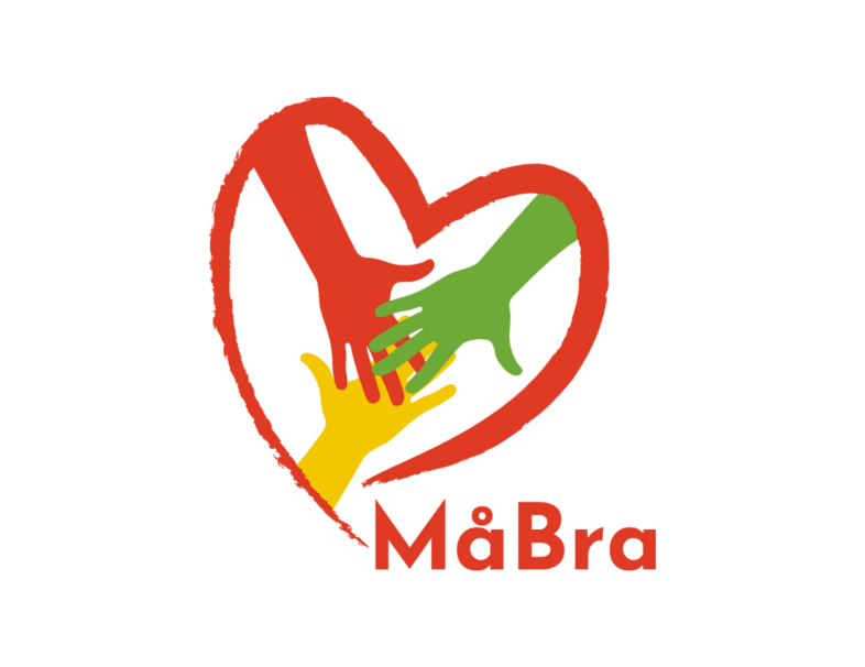 Tre färgglada händer i rött, grönt och gult möts i ett hjärta med texten 'MåBra' under.