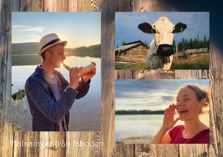 Tre bilder på en träbakgrund: en man blåser i horn vid en sjö, en ko vid en lada och en kvinna ropar vid vattnet.