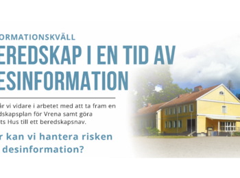 Affisch om informationskväll om beredskap och desinformation, med bild på gult hus och blå himmel.