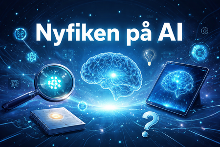 Digital illustration med texten 'Nyfiken på AI', en hjärna, förstoringsglas, surfplatta och frågetecken i blått teknologitema.