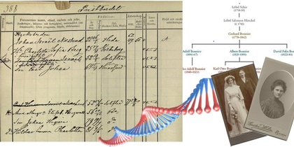 Kollage med gammalt släktregister, släktträd, DNA-spiral och gamla fotografier av personer.