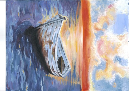 Målad bild i akryl av en ensam roddbåt på lugnt vatten vid solnedgång, med färgstark himmel.