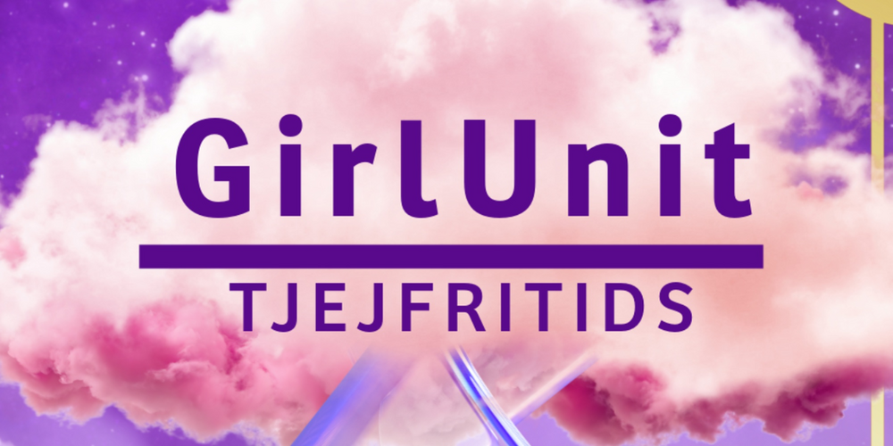 Texten 'GirlUnit Tjejfritids' mot en lila stjärnhimmel med rosa moln och guldram.