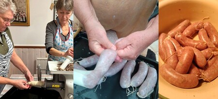 Tre bilder visar kvinnor som gör korv för hand, formar och knyter korvar samt färdiga korvar i en skål.