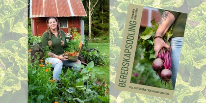 Kvinna sitter i grönsaksland med korg fylld av morötter, bokomslag med rödbetor och texten 'Beredskapsodling'.