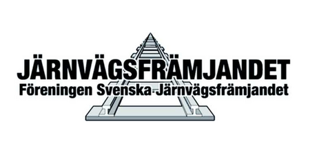 Logotyp för Järnvägsfrämjandet med en illustration av järnvägsspår och text på svenska.