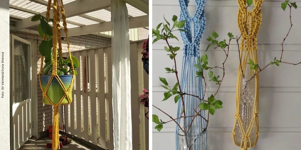 Två bilder visar makramé amplar med växter, en utomhus och två inomhus mot vit vägg.