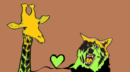 Tecknad giraff och varg med grönt hjärta mellan sig på brun bakgrund.