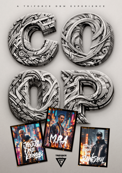 Affisch med texten 'CO-OP' i futuristisk stil och tre porträtt av personer med neonstad i bakgrunden.