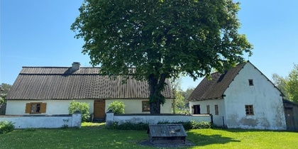 Gammalt hus med vit fasad och brunt tak, stort grönt träd framför, blå himmel.