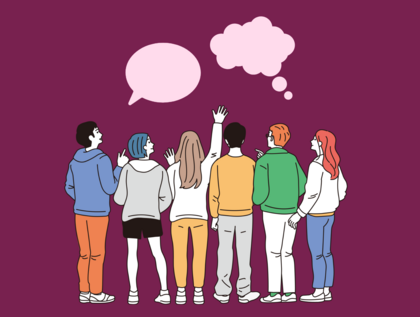 Sex personer står med ryggen mot kameran och tittar på pratbubblor mot en lila bakgrund.