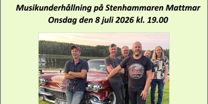 Affisch för musikunderhållning med Andreas Jonsson & The Pink Cadillac Band, bild på bandet vid en röd bil utomhus.