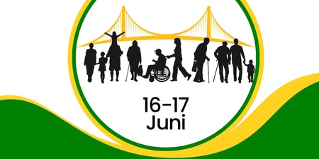 Affisch för Funktionsrättsmässan 16–17 juni med siluetter av människor och en bro i bakgrunden.