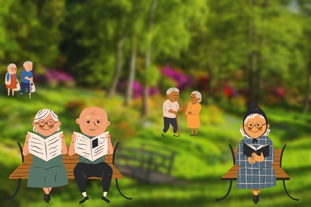 Illustration av äldre personer som sitter på bänkar och promenerar i en grönskande park.