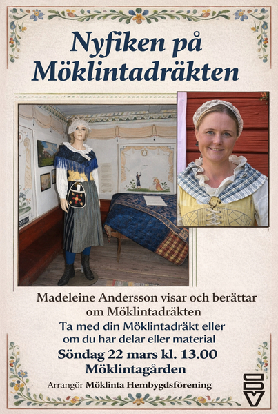 Affisch om Möklintadräkten med bilder på folkdräkt och information om ett evenemang.
