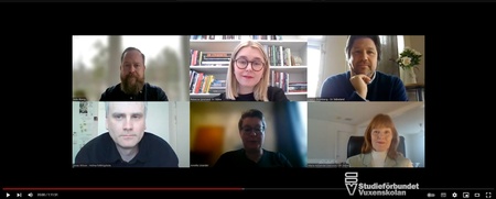 Sex personer deltar i ett digitalt videomöte, uppdelade i sex rutor på en datorskärm.