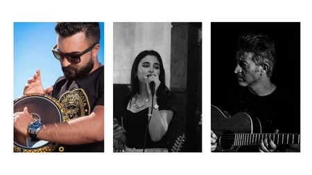 Tre musiker: en man spelar trumma, en kvinna sjunger och en man spelar gitarr.