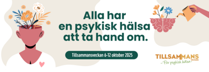 Illustration med blommor som växer ur ett huvud och en hjärna, text om psykisk hälsa och Tillsammansveckan 2025.