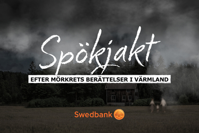 Mörk och dimmig bild på ett gammalt hus i skogen, med texten 'Spökjakt' och suddiga gestalter i förgrunden.