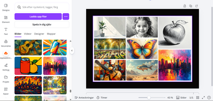 Collage med färgglada målningar av stad, fjäril, gitarr, fisk, träd, växt och ett äpple.