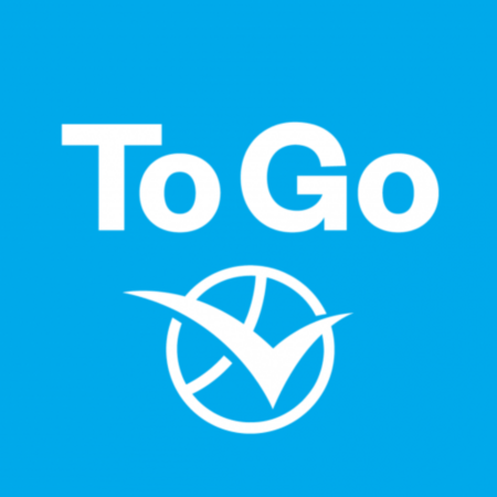 Vit text 'To Go' och en bock i en cirkel på blå bakgrund.