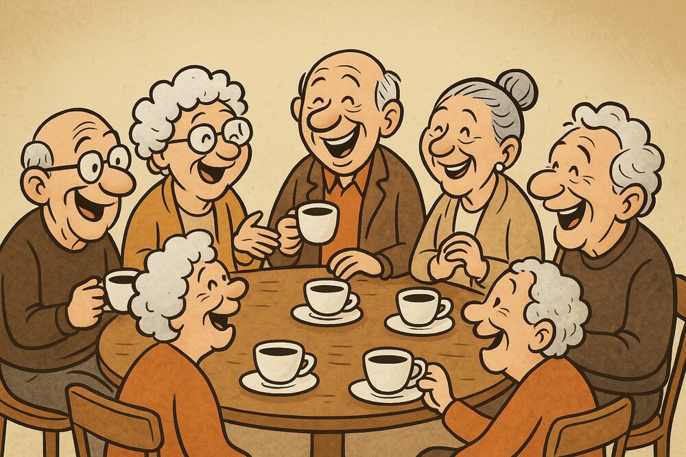 Tecknad bild gjor av AI av glada äldre personer som sitter runt ett bord och dricker kaffe tillsammans.