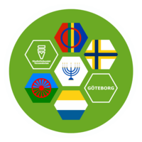 Sexkantiga symboler med olika flaggor och symboler på grön cirkel, inklusive Göteborg och judisk menora.