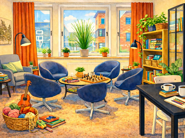 Färgglad och hemtrevlig läshörna med blå stolar, böcker, växter, schackbräde och garnkorg i ett soligt rum.