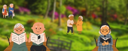 Illustration av äldre personer som sitter på bänkar och promenerar i en grönskande park.
