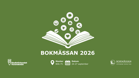 Grön affisch för Bokmässan 2026 med öppen bok och ikoner, datum och platsinformation.