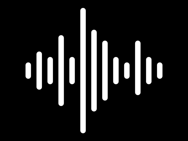 Vit ljudvågsikon på svart bakgrund, med vertikala staplar i varierande höjd.