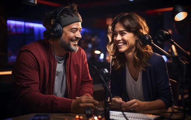 Två personer sitter vid mikrofoner i en radiostudio och skrattar tillsammans.