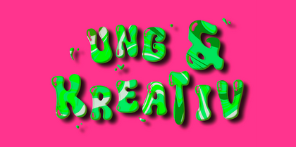 Texten 'Ung & Kreativ' i gröna, lekfulla bokstäver mot en stark rosa bakgrund.