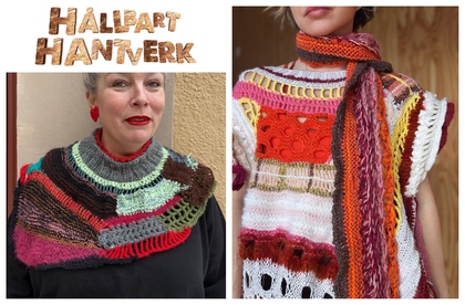 Två personer bär färgglada, handstickade plagg med olika mönster och texturer.