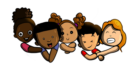 Tecknad bild av fyra glada barn som ligger på golvet och ler mot varandra.